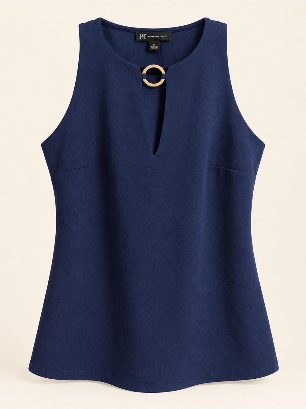 INC Navy Sleeveless Top Gold Ring Keyhole Neckline Size L